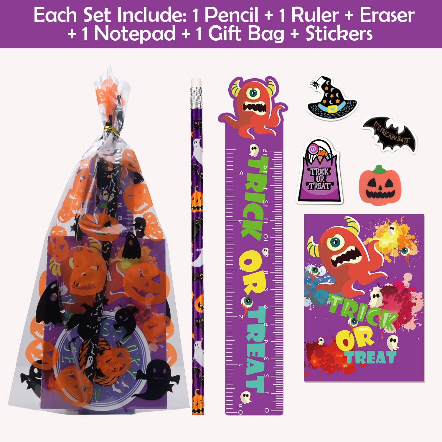 200PCS Halloween Party Favors for Kids Stationery Set, 30 PACK Assorted Halloween Goodie Bag Stuffers, Bulk Halloween Treats Bags for Trick or Treat Pencils Erasers Rulers