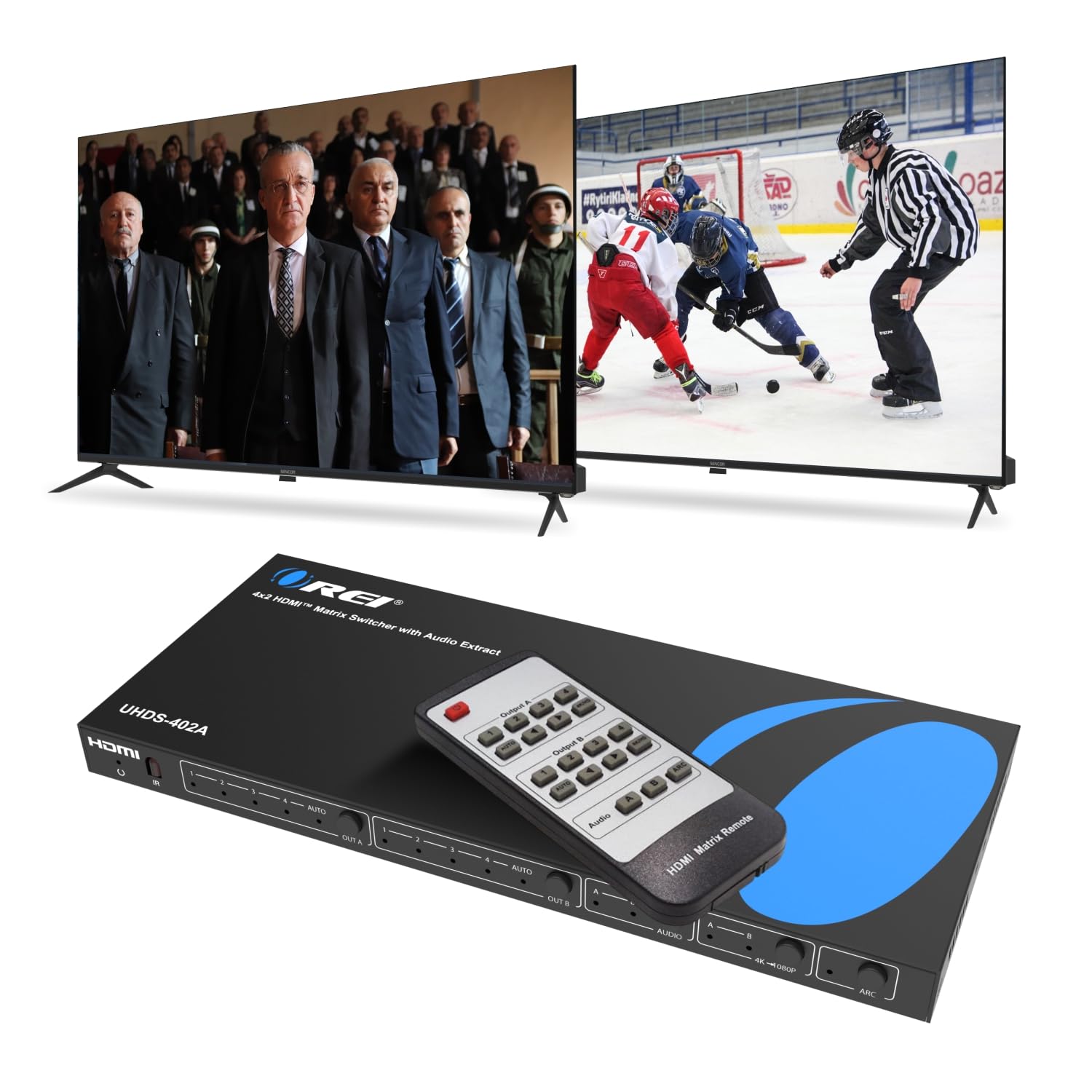 OREI 4K HDMI Matrix Switch 4 X 2, Switcher 18G UltraHD with Arc Supports Upto 4K @ 60Hz & 1080P IR Audio Extractor Arc EDID HDCP 2.- Remote Control - Full Matrix Selection