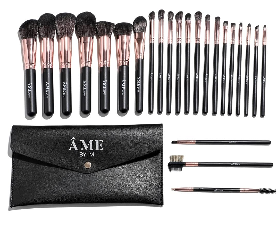 24PCS Rose Gold Black Professional Vegan Synthetic Makeup Brush Set with Travel Bag ÂME BY M Foundation Powder Concealer Highlighter Eye Shadow Blush Lip Liquid Blending Cosmetic Brushes
