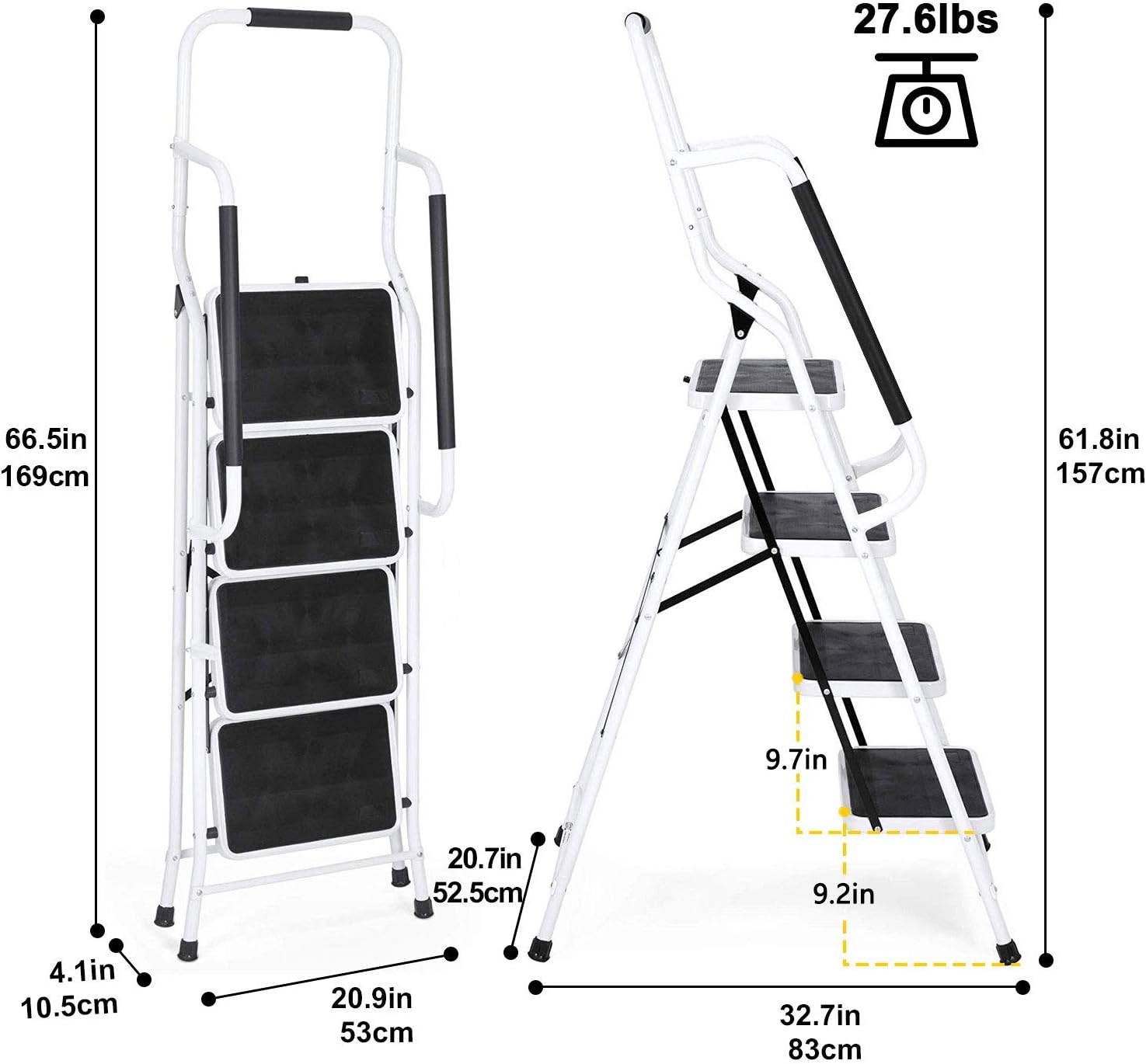 charaHOME 4 Step Ladder Step Stool 500 lb Capacity Folding Portable Ladder Steel Frame with Safety Side Handrails Non-Slip Wide Pedal Kitchen and Home Stepladder with Attachable Tool Bag - - 