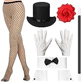 Jamntower 6 Pcs Halloween Magician Costume Accessories for Women Adult Include Glitter Fishnets Stockings Black Magician Top Hat Wand Gloves Bow Tie and Rose Flower Brooch for Halloween Cosplay Party