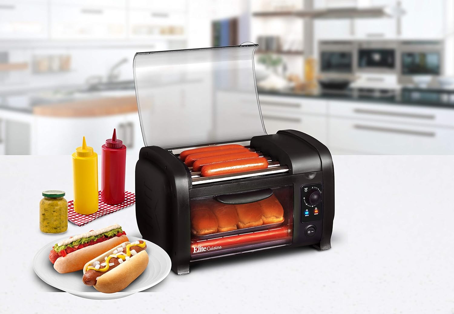 Elite Gourmet EHD-051B Hot Dog Toaster Oven, 30-Min Timer, Stainless Steel Heat Rollers Bake & Crumb Tray, World Series Baseball, 4 Bun Capacity, Black: Kitchen & Dining