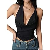 MakeMeChic Women's Plunge Neck Draped Sleeveless Ruched Summer Halter Top Crop Tops