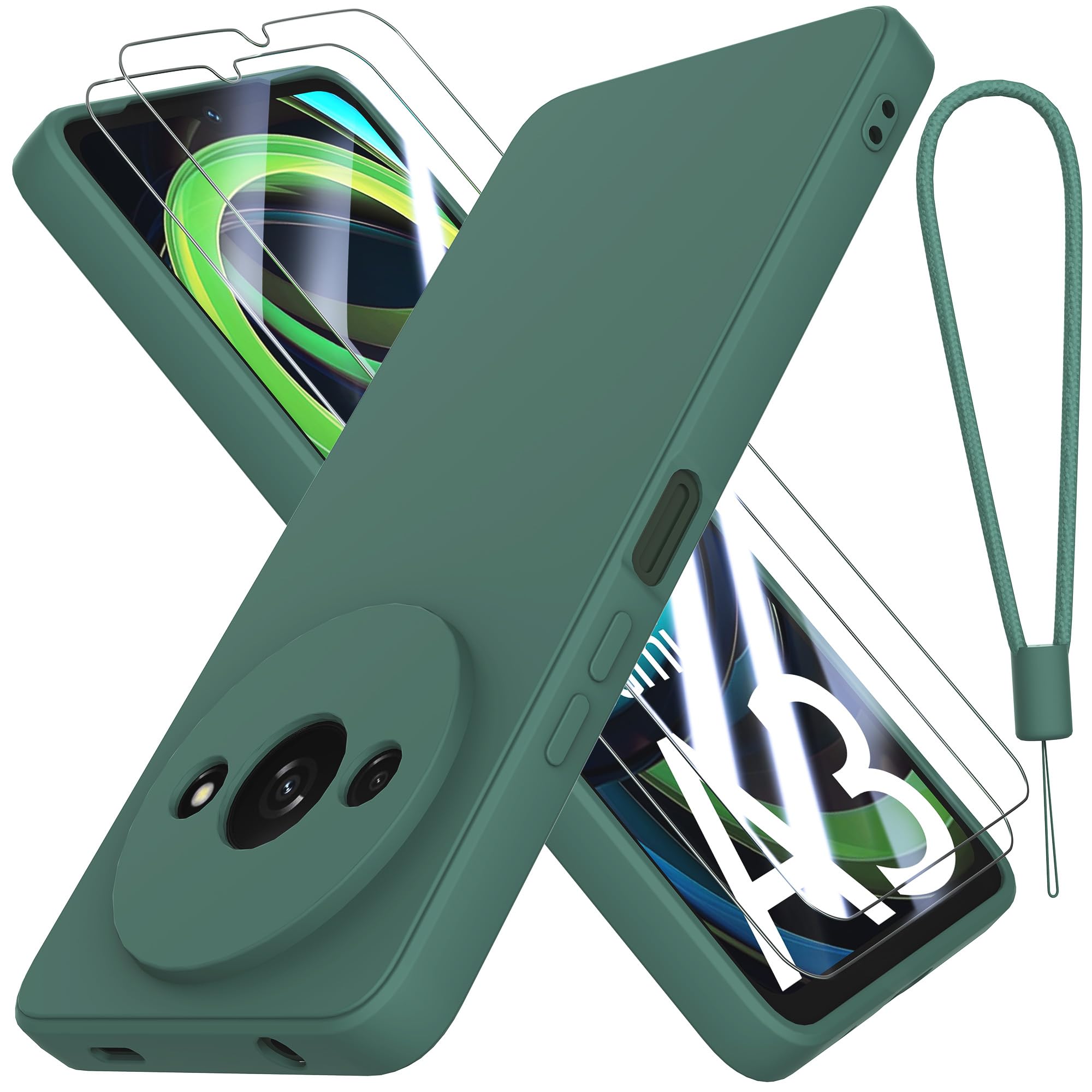 THIYUFUNS Case for Xiaomi Redmi A3 4G with 2 Tempered Glass Screen Protector, Silicone Slim Fit Shockproof Anti-Scratch Compatible with Xiaomi Redmi A3 4G - Dark Green