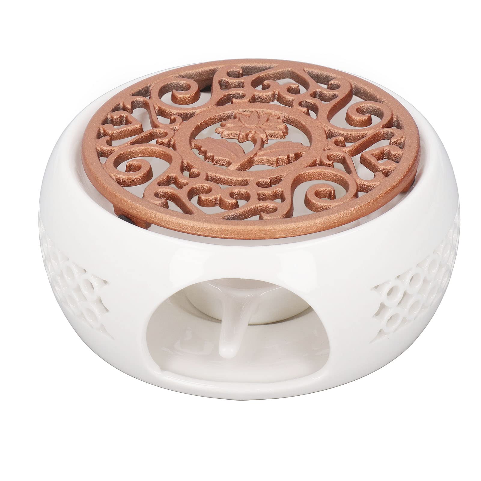 Teapot Warmer, Ceramic Teapot Warmer with Hollowed Metal Cushion and Candle Holder, Universal Tea Light Warmer Coffee and Milk Tea Warmer for Glass Teapot Stainless Steel Teapot