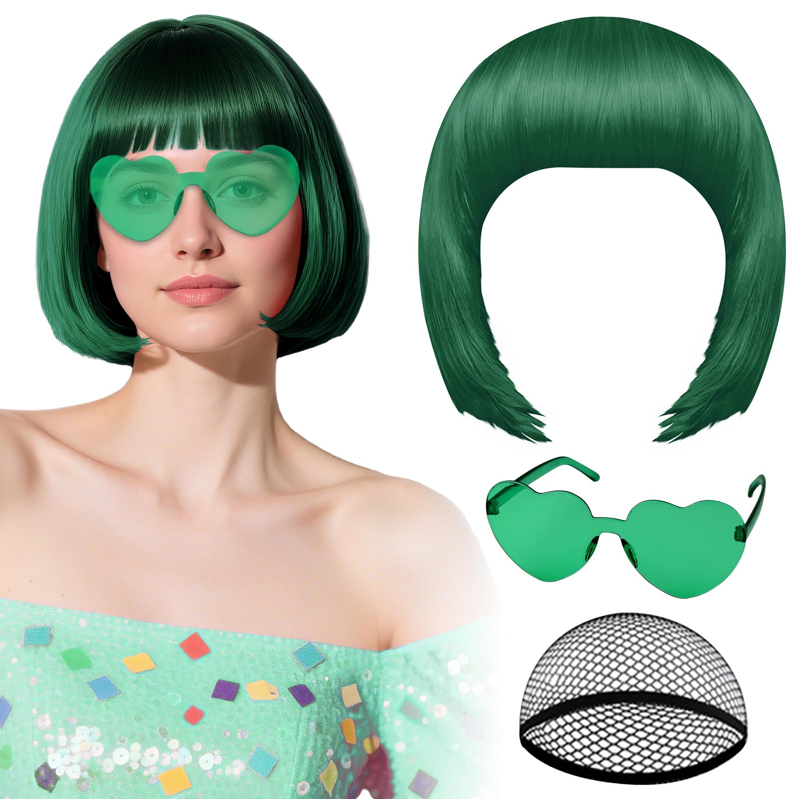 Photo 1 of PLULON Dark Green Bob Wig with Heart Sunglasses and Hair Cap, Colorful Short Bob Wigs Synthetic Party Wigs Funny Cosplay Hairpieces for Women Men Daily Bachelorette Halloween Costume Party Decorations