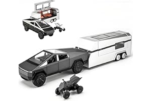 POWVAN Toy Truck with RV Motorcycle for Boys Girl Women Adult Diecast Metal Tesla Cybertruck Model Pickup Truck 1/32 Toy Race Car with Sound and Light Gift Age for 6,7,8 Year Up (Black)
