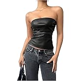 SHENHE Women's PU Leather Ruched Tube Strapless Y2k Fitted Bandeau Going Out Tops
