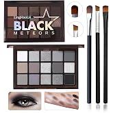 LingHaoLH Black Grey Smoky Eyeshadow Palette,15 Colors Matte Shimmer Pigmented Eye Shadow Makeup Palette Set with 3 Eyeshadow Brushes,Glitter Eye Shadow Palette for Daily Halloween Goth Makeup(A)
