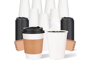 100 Pack 12oz Disposable Paper Coffee Cups with Lids & Sleeves, to Go Hot Coffee Cups for Tea Cocoa Chocolate Juice, Hot & Co