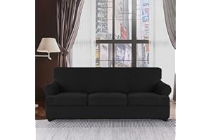 TWIN SIX 4 Pieces Stretch T Cushion Sofa Slipcovers with 3 Individually T Cushion Shape Seat Covers for Dogs, Washable Furniture Protector Soft Covers with Elastic Bottom (Sofa, Black)