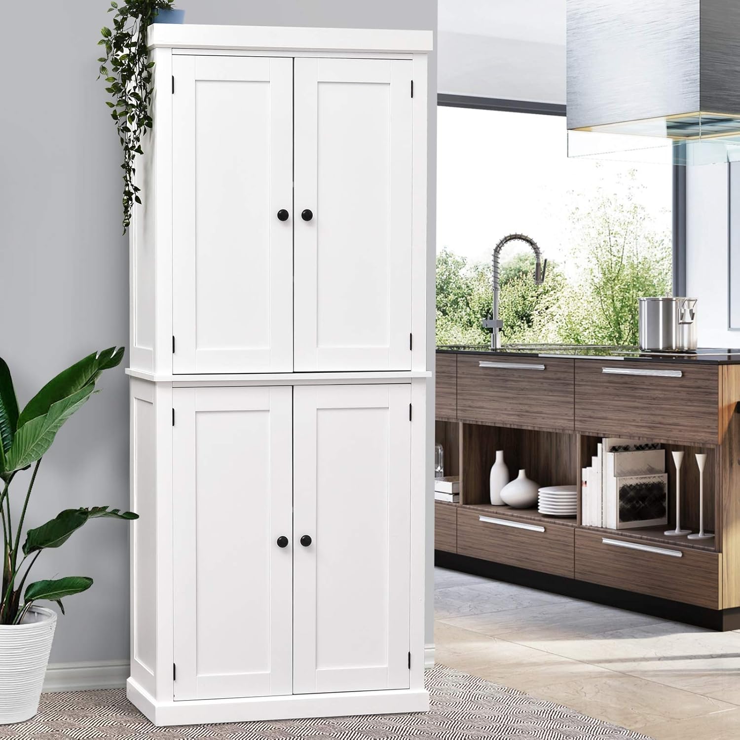 HOMCOM Traditional Farmhouse Freestanding Cupboard Kitchen Pantry with Two Storage Areas, Adjustable Shelving, White: Furniture & Decor