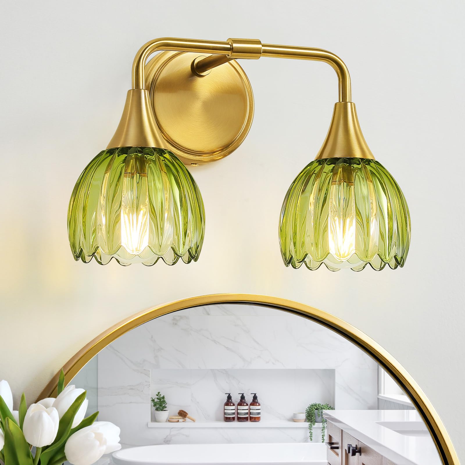 HAHZT Bathroom Vanity Light Fixtures: 2-Lights Vintage Bathroom Lights Over Mirror with Ribbed Green Tulip Glass Shade - 14 inch Brushed Gold Wall Sconce Bath Lighting Image