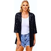 Women's Sequin Cardigan Casual 3/4 Sleeve Shinny Coat Open Front Sparkle Outwear Party Evening Glitter Cardigans