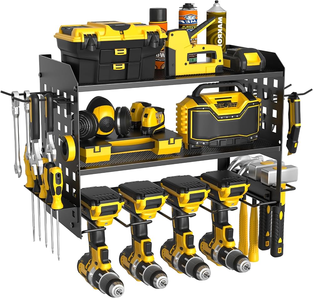 Yeabett 3 Layer Power Tool Storage Rack 4 Drill Holders Wall Mounted Black