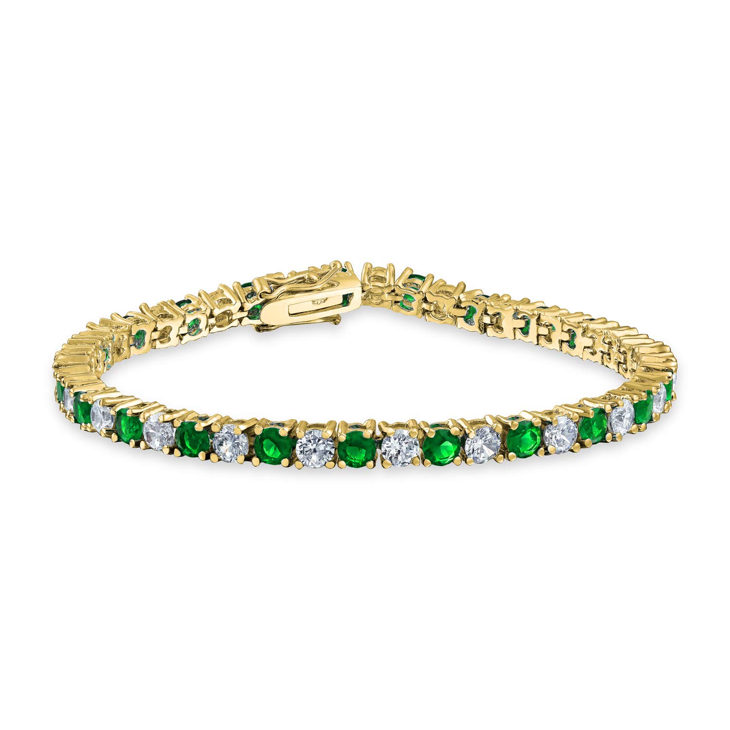 Bling Jewelry Green White Alternating Simulated Emerald Round Cubic Zirconia 12 CTW 4 Prong Basket Set Solitaire AAA CZ Tennis Bracelet For Women Prom Bride Gold Plated 7.5 Inch — image 1