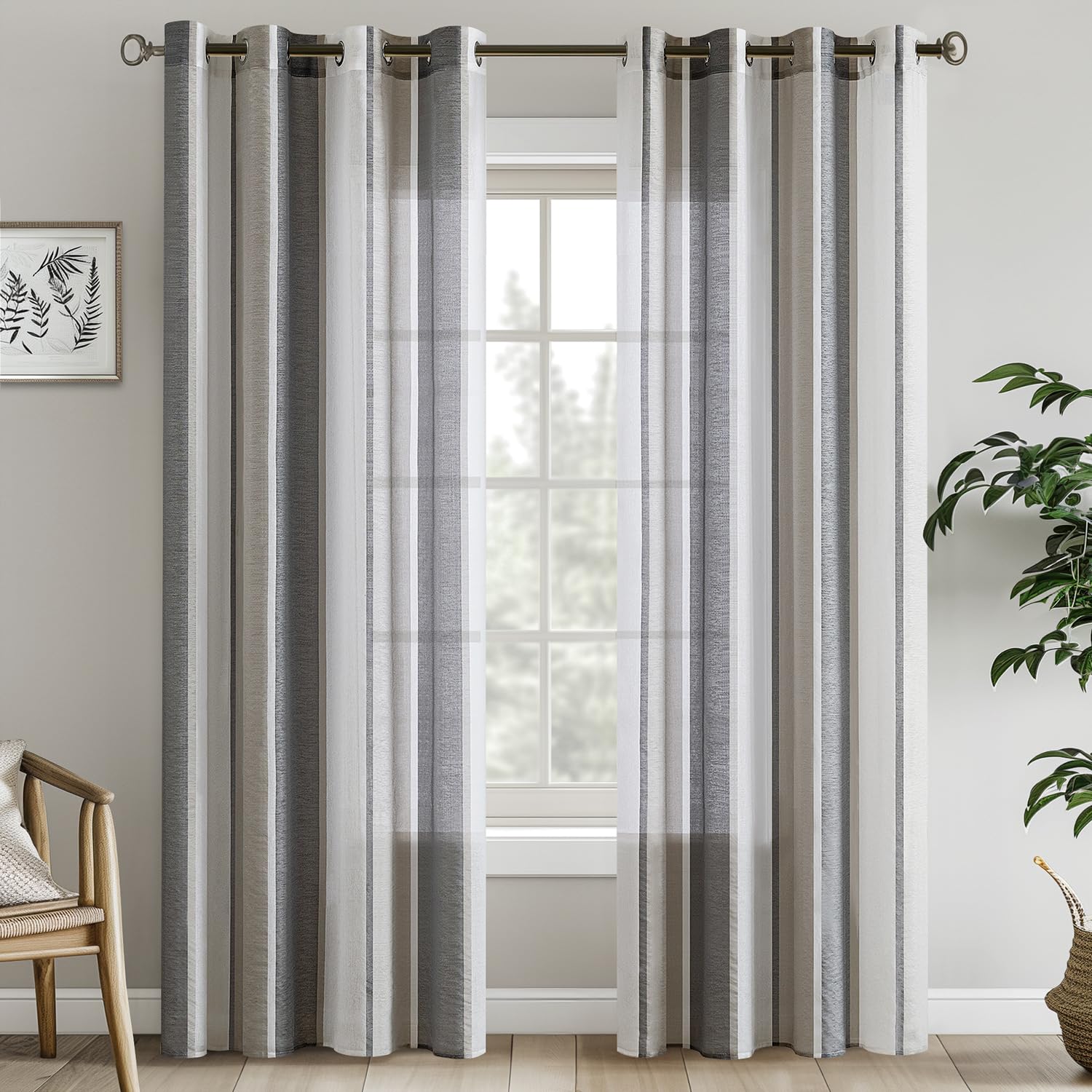 EMEMA Transparent Stripes Curtains with Grommet Modern Voile Curtains Living Room Set of 2 Curtains Bedroom Transparent with Pattern Semi-Transparent Curtain Stripes 140 x 215 cm White and Dark Grey