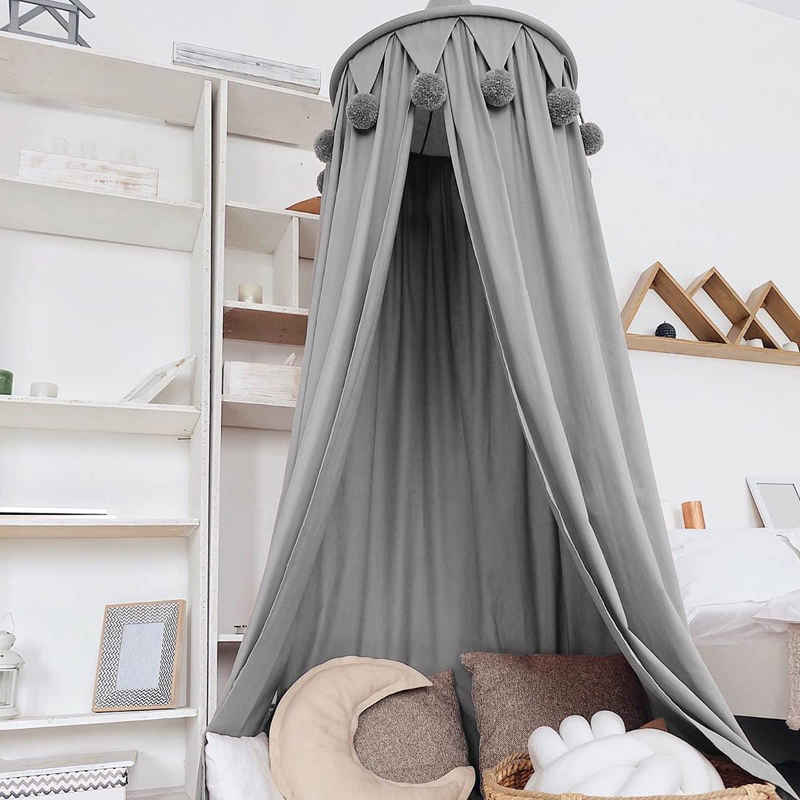 Dyna-Living Bed Canopy for Children, Round Dome Hanging Curtain Kids Bed Mosquito Net Play Reading Tents - Grey