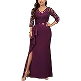 Miusol Women's Plus Size Vintage Formal Floral Lace Ruffle Slit V Neck Evening Party Elegant Maxi Dress