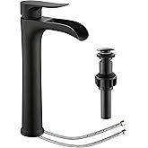 YUNDOOM Matte Black Vessel Sink Faucet, Deck Mount, Single Hole, Waterfall Design, Easy Installation, Durable, Drip-Free, Ceramic Disc Cartridge Valve, Solid Brass Material
