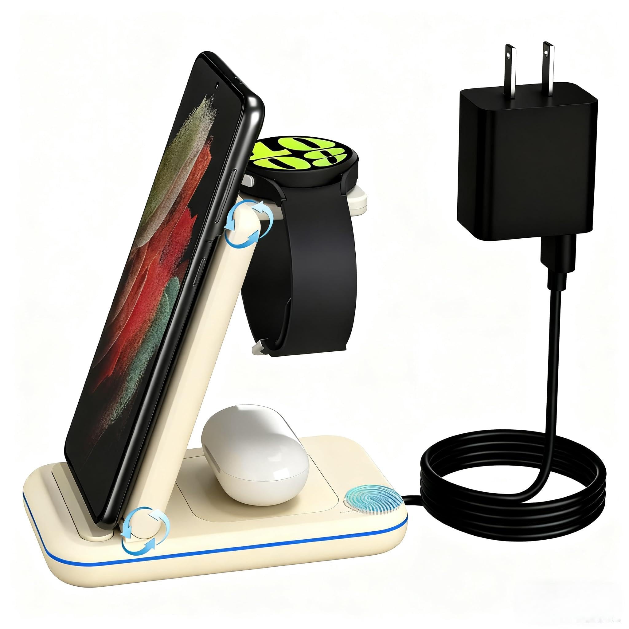 Photo 1 of Wireless Charger for Samsung/Android, HOLYJOY Foldable 3 in 1 Fast Charging Station/Stand/Multi Charger for Samsung S25 Ultra/S24/Note 20, Travel Pad for Galaxy Watch 7/6/5/4/Active 2, For Buds(White)