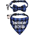 STMK Breakaway Plaid Cat Birthday Boy Bandana Collar with Bow Tie Bell Fish Cat Birthday Cake Ornament for Cat Kitten Birthday Party Supplies