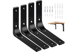 AISINYI 10" x 8" Metal Shelf Brackets, Heavy Duty L Hanging Angle Brackets, Iron Wall Bracket for Countertop Support, Corner Brace Joint, Black, 4 PCS