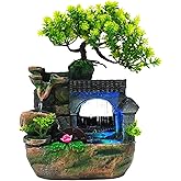 Tabletop Waterfall Fountain – 11 in Rockery Humidifier with Color-Changing LED Light, Adjustable Pump & Faux Bonsai Tree, Res