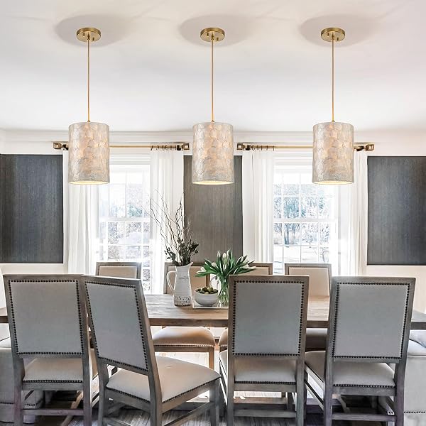LUMFURN 1-LIGHT CAPIZ SHELL CHANDELIER, COASTAL DESIGN, MODERN PENDANT LIGHT FIXTURE FOR DINING ROOM, LIVING ROOM, KITCHEN ISLAND, D7 X H18~66″(ADJUSTABLE HEIGHT), SHELL LAMPSHADE & GOLD FINISH FRAME