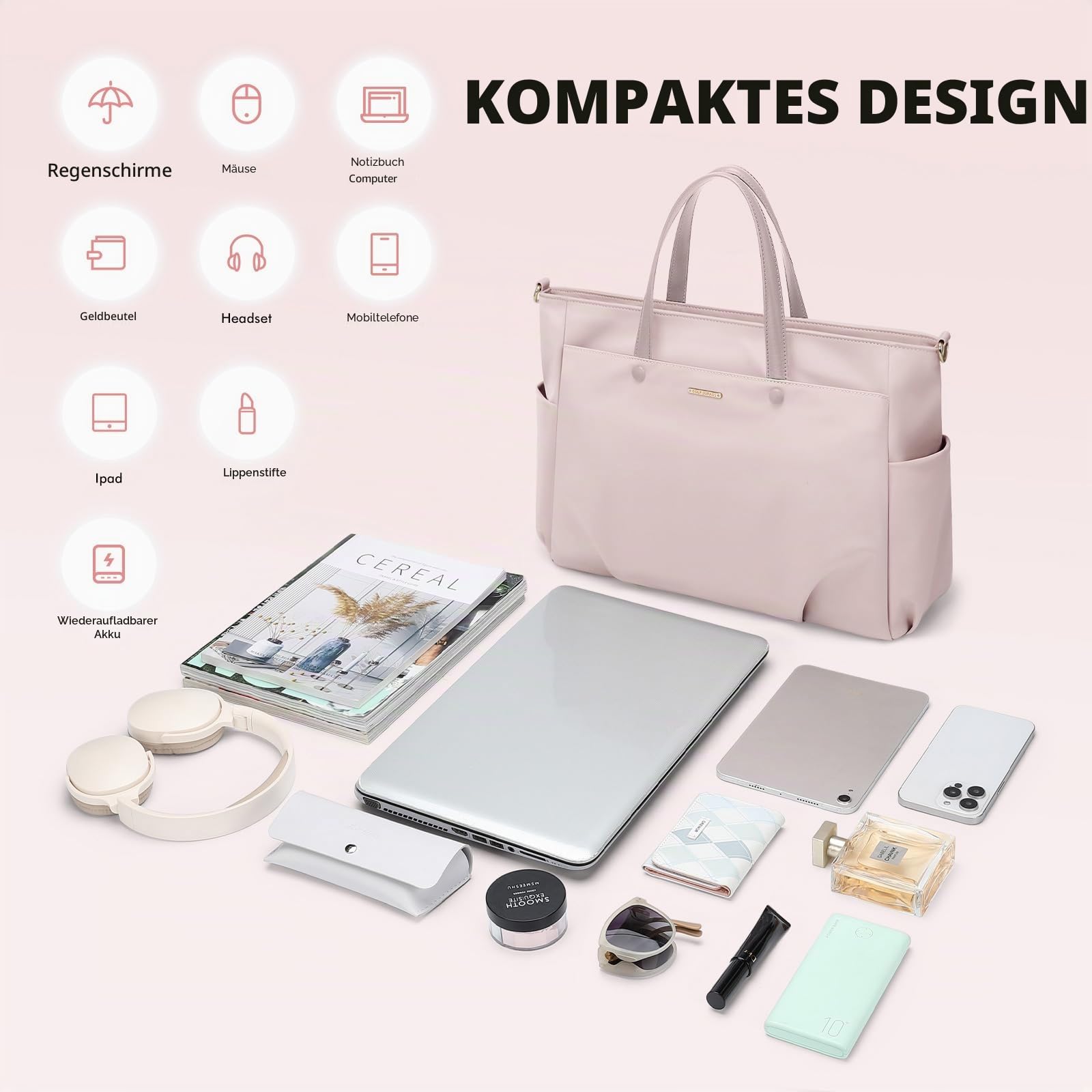 GOLF SUPAGS 15 Zoll Laptop Umhängetasche, Computer Tragetasche für Damen, Stilvolle Handtasche für Arbeit und Reisen (Rosa Grau) 6