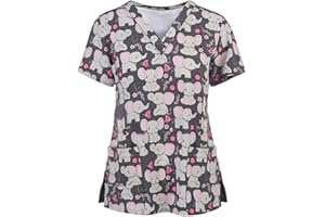 ODEUIAOD Womens Scrub Tops Fashion Printed Work Uniform T-Shirt V Neck Short Sleeve Nurse Tops Tunic Blouse with Pocket