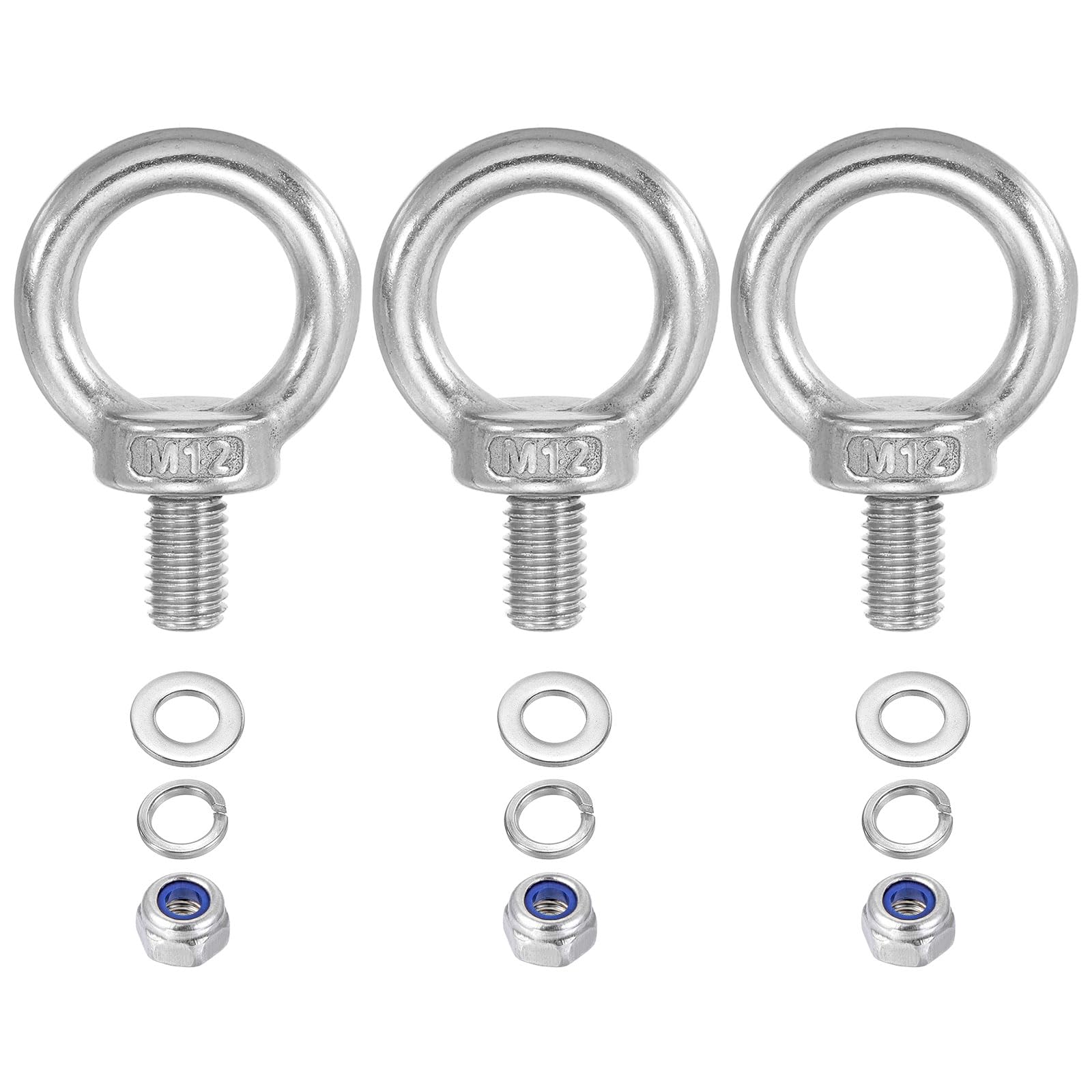 PATIKIL M12 x 20mm Lifting Shoulder Eye Bolt, 3Pcs 304 Stainless Steel Lifting Ring Threaded Eyebolt with Nuts Washers for Hanging Hammocks Articles