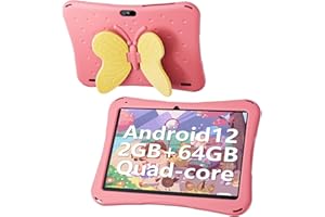 Naclud Tablet for Kids, 10 Inch Android 12 Kids Tablet with Kids Case, 2GB RAM 64GB ROM, 5000mAh, 1280 * 800 Display, Dual Camera, WiFi, Educational Games, Yellow Butterfly Handle