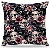 LUKIPOM Floral Skull Halloween Pillow Covers 18x18, Gothic Home Decor, Dark Academia Goth Halloween Skeleton Decorative Throw Pillow Covers for Girls Room Home Bedroom Living Room