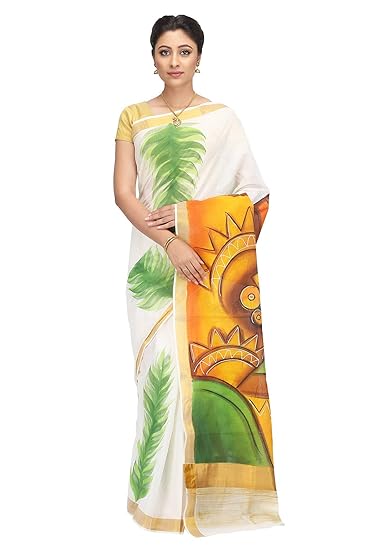 Hand Painted & Handloom Pure Kerala Cotton White Sari (2280)