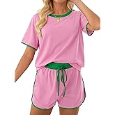 Hilinker Womens Cute Pajama Sets Color Block Short Sleeve Tops and Shorts 2 Piece Lounge Set