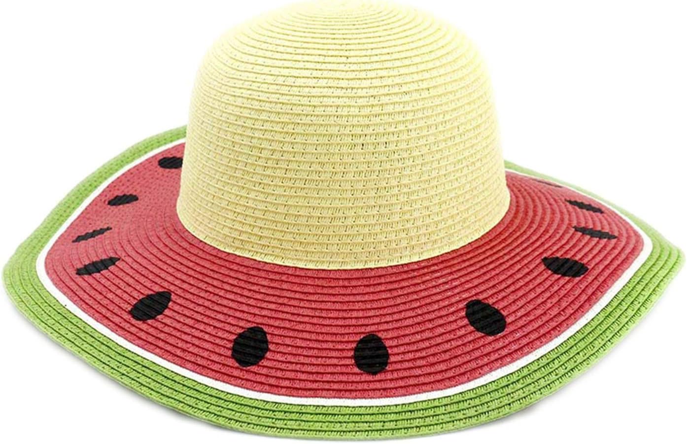Summer Women Foldable Straw Sun Hats Wide Brim Beach Watermelon Color Floppy,H,56to58cm