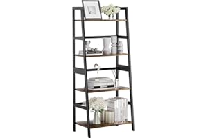 HITNET Ladder Shelf, 4 Tier Bookshelf with Bamboo Frame, Freestanding Bathroom Storage Shelving Unit for Living Room, Home Office, Bedroom, Rustic Brown and Black
