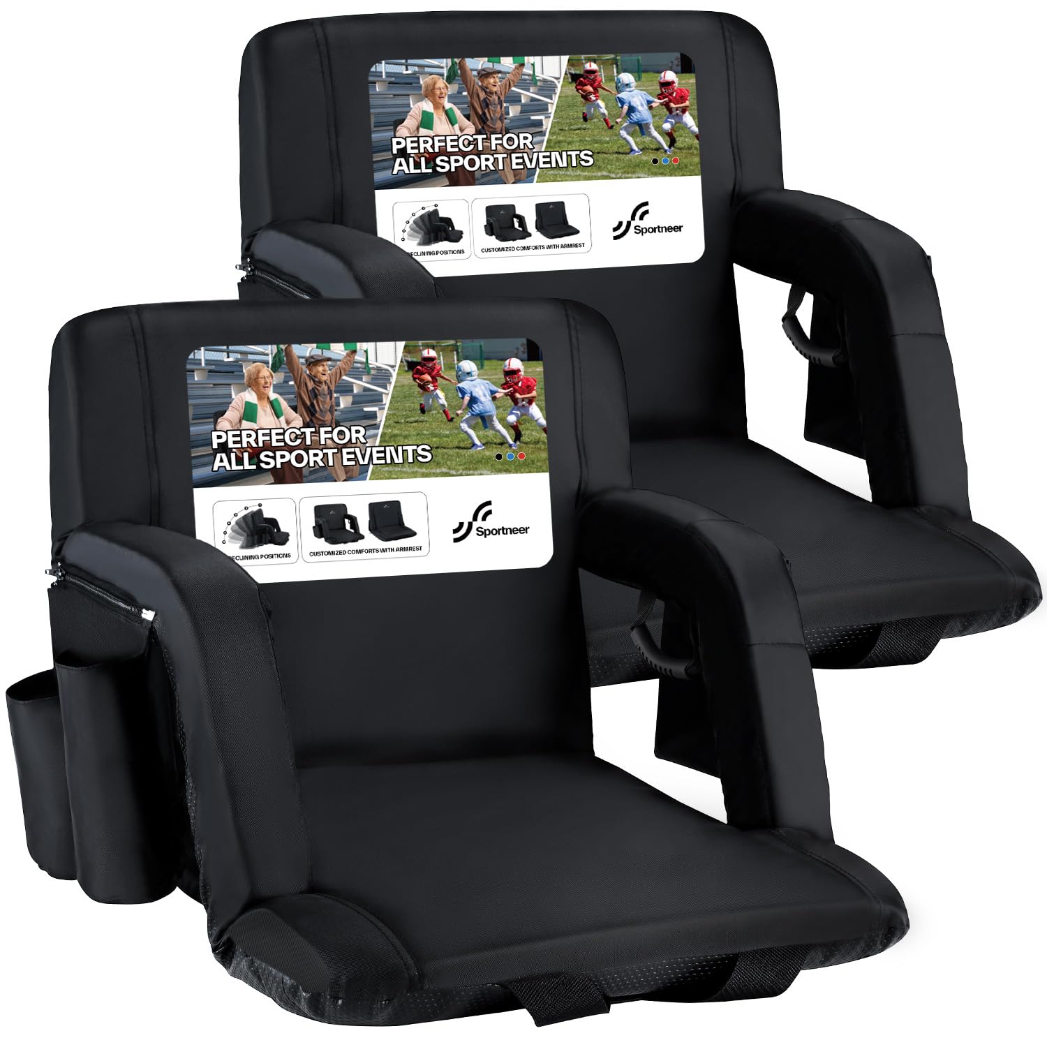 Photo 1 of **RIP DOWN THE SIDE, NEEDS TO BE STITCHED**Sportneer Stadium Seats with Back Support: 2.5'' Thick Comfy Cushion 6 Adjustable Angle Bleacher Seat with Armrest - 2 Large Pockets, 2 Cup Holders Stadium Chair for Sport Events Concerts Parks