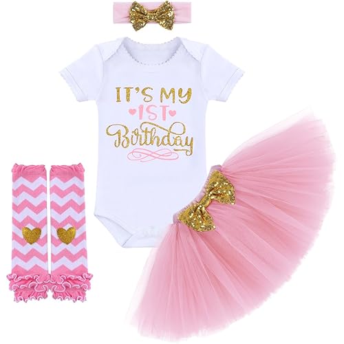 1st 2nd Birthday Cake Smash Outfit Baby Girls Romper+Tulle Skirt Tutu Dress+Sequins Bow Headband+Leg Warmers 4PCS Clothes Set