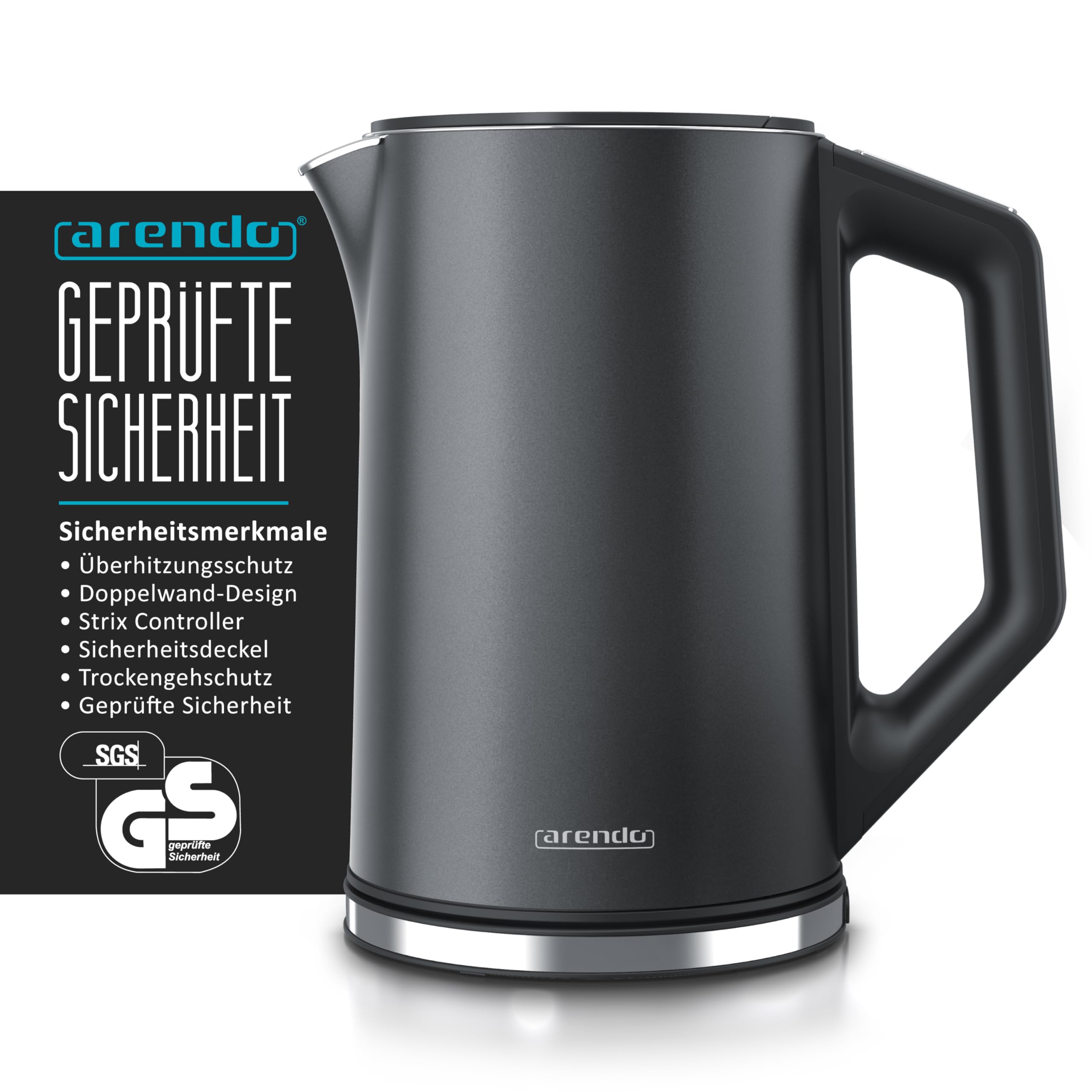 Arendo - Edelstahl Wasserkocher mit Temperatureinstellung 40-100 Grad in 5er Schritten - Doppelwand Design - Modell ELEGANT - 1,5 Liter - 2200 W - Teekocher mit Temperaturanzeige - GS - Pearl Grey 2