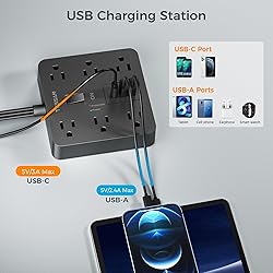 Black Surge Protector Power Strip, TESSAN Flat Plug