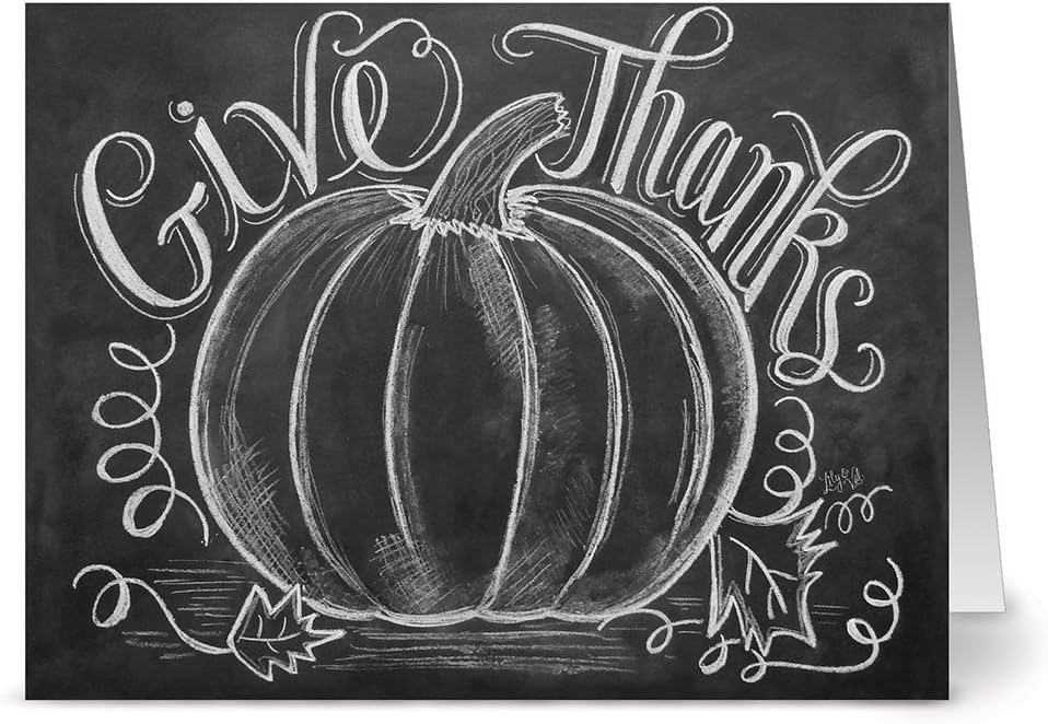 Note Card Cafe Thanksgiving Card with Envelopes | 24 Pack | Blank Inside, Glossy Finish | Give Thanks | for Holidays, Fall, Autumn, Presents, Pumpkin, Rustic, Chalkboard
