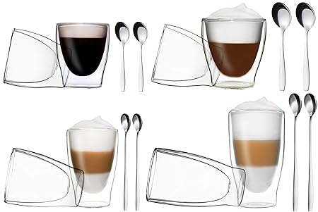 DUOS 8er-Set doppelwandige Thermo-Gläser + 8X Edelstahl-LÖFFEL / 2X 80ml Espresso / 2X 200ml Teeglas / 2X 310ml Latte Macchia