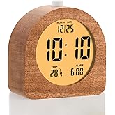 Plumeet Wooden Digital Alarm Clock for Bedrooms, Wood 4'' Battery Powered Alarm Clock with Snooze and Nightlight, Electronic LCD Desk Clock Display Time, Date, Temp, 12/24H, Wood Décor, Round, Sapele