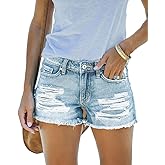 MIFOCAL Women's Mid Rise Ripped Stretchy Jean Shorts Frayed Raw Hem Casual Denim Shorts