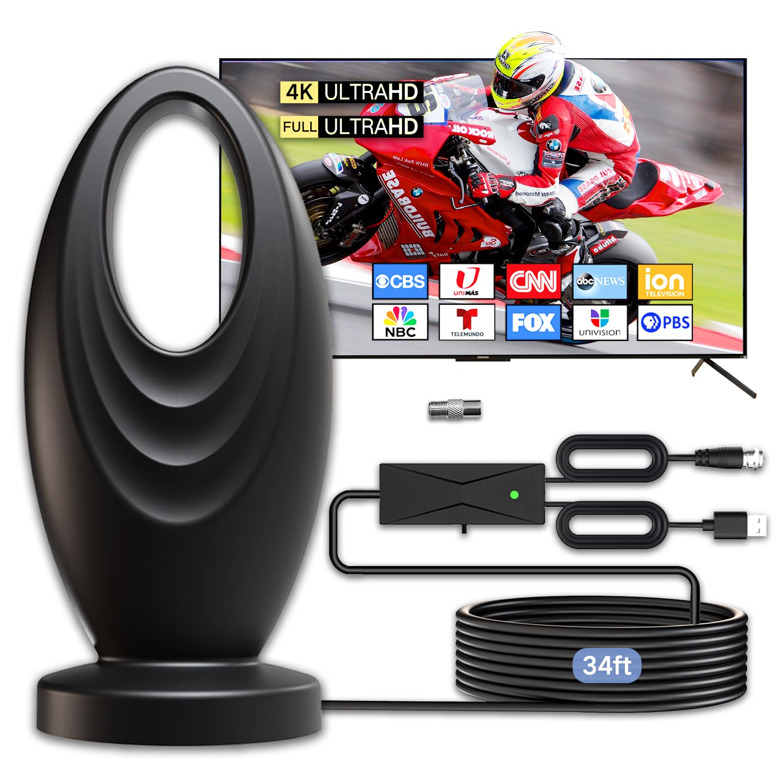 Photo 1 of 2025 TV Antenna for Smart TV and Old TV, 2800+ Miles Range HD Digital TV Antenna Indoor with 360° Signal Strongest Booster, Supports Local Channels 1080P 4K Reception for Home, RV, Camping (34ft)