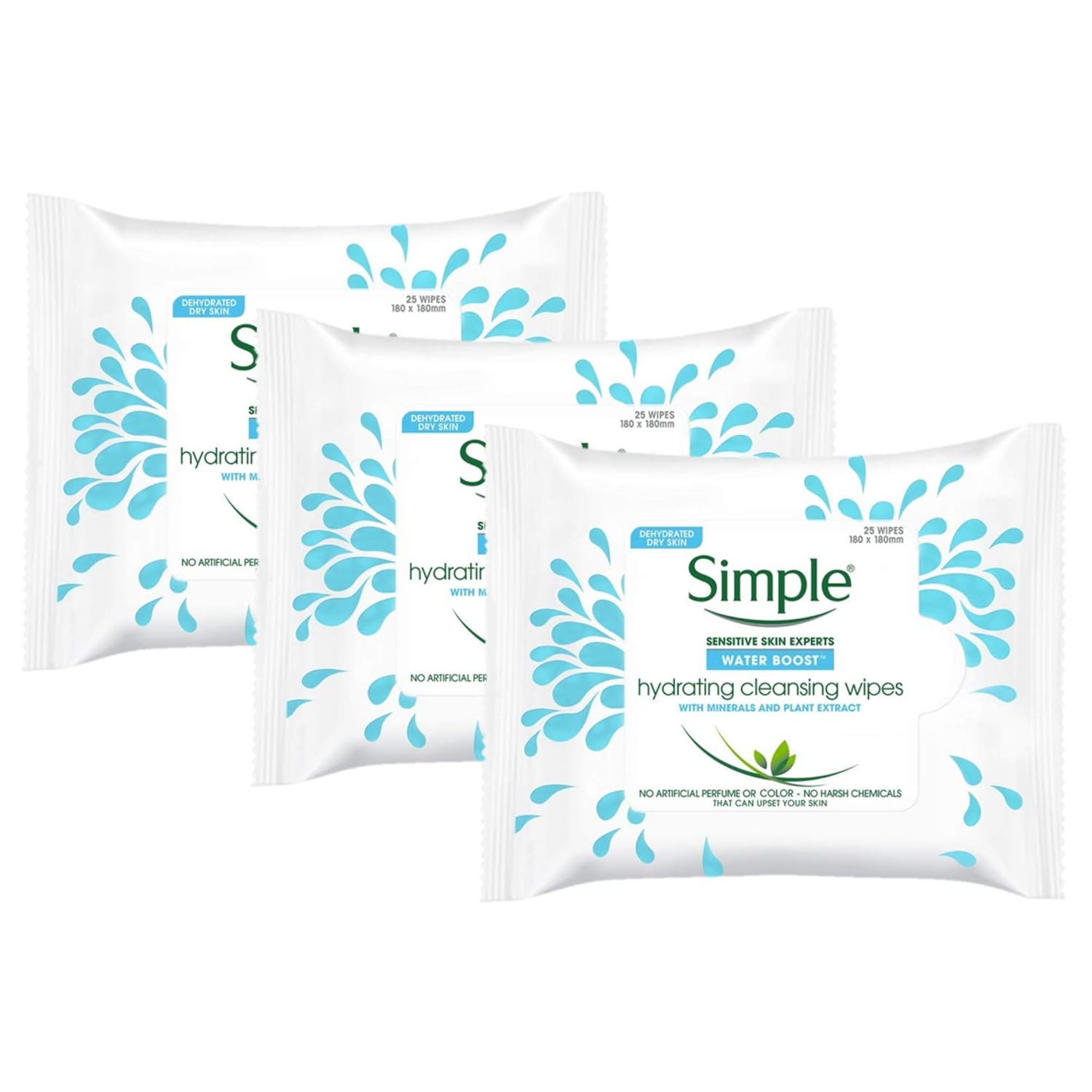 Simple Water Boost Cleansing Wipes Hydrating Makeup Remover For Sensitive Skin, 25 Count (Pack Of 3)
