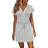 ETCYY Womens Summer Dresses 2026 Sundresses Beach Vacation Drawstring Waist Tshirt Short Sleeve Dress with Pockets