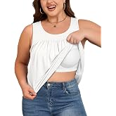 Plus Size Tank Tops with Built in Bra Soft Casual Women Sleeveless Camisole | Breathable Crew Neck Padded Bra Loose Tops,Pleated Summer Tunic Shirts Fall Undershirt For Daily Vacation,Travel